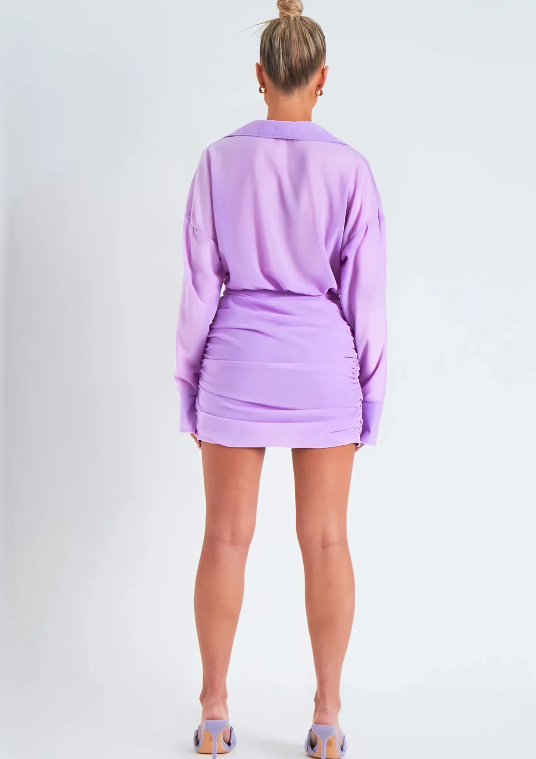 Sale Kirsty Lilac Long Sleeve Plunge Front Ruched Skirt Mini Dress Women Dresses