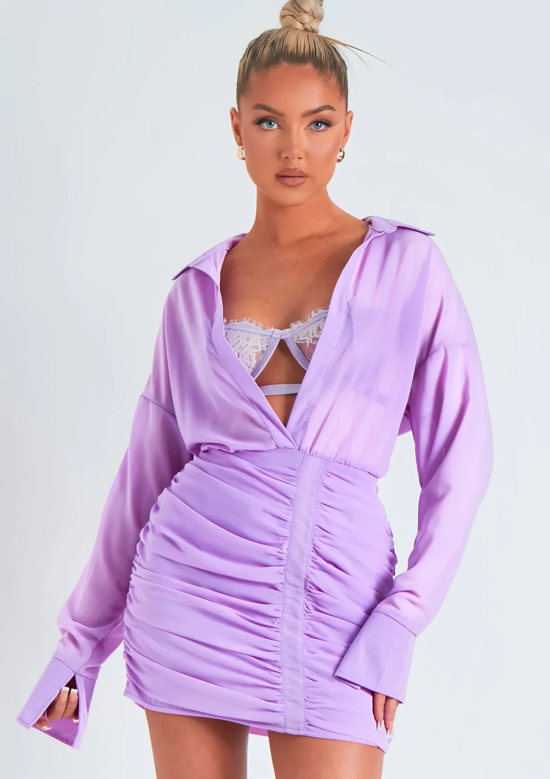 Sale Kirsty Lilac Long Sleeve Plunge Front Ruched Skirt Mini Dress Women Dresses