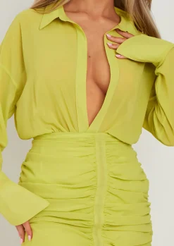 Discount Kirsty Lime Long Sleeve Plunge Front Ruched Skirt Mini Dress Women Dresses