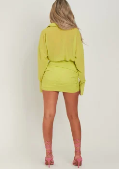 Discount Kirsty Lime Long Sleeve Plunge Front Ruched Skirt Mini Dress Women Dresses