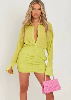 Discount Kirsty Lime Long Sleeve Plunge Front Ruched Skirt Mini Dress Women Dresses