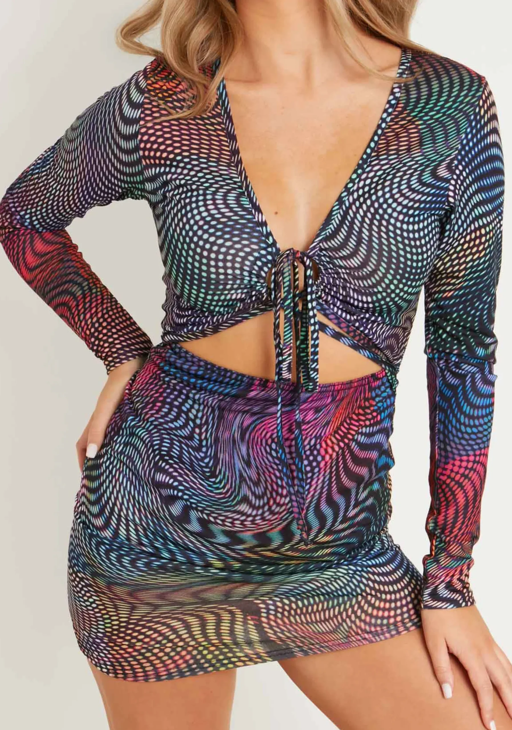 Discount Klyah Multi Abstract Print Long Sleeve Cross Front Mini Dress Women Dresses