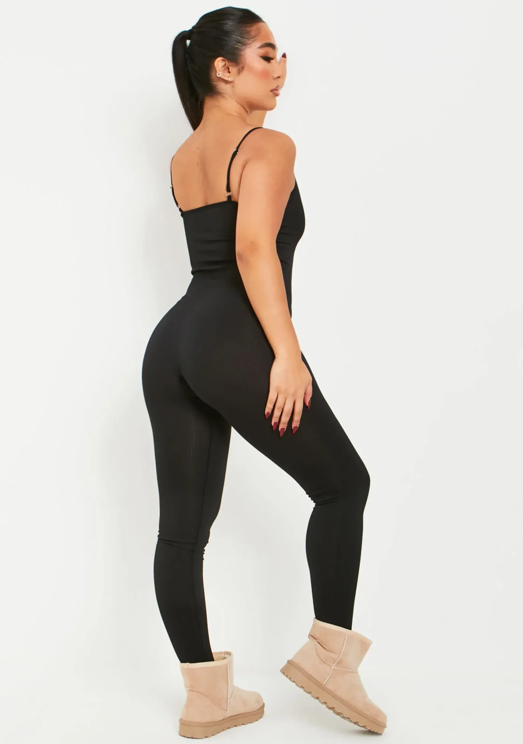 Outlet Kora Black Ribbed Seamless Strappy Jumpsuit Women Seamless & Shapewear