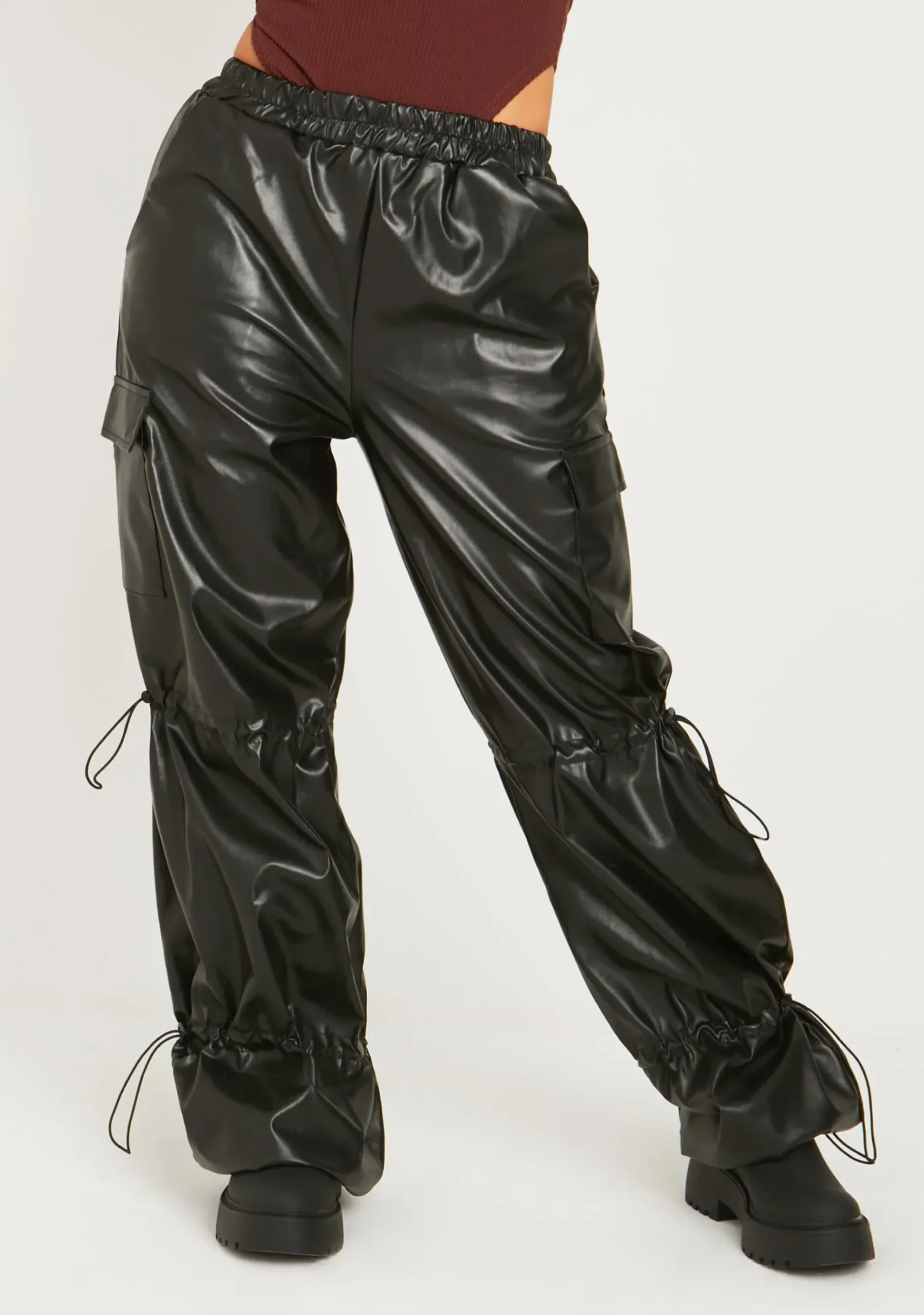 Store Kori Black Pu Toggle Cargo Trousers Women Trousers