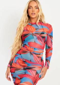 Cheap Kylie Blue Leaf Print Ruched Mesh Midi Dress Women Dresses