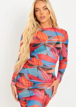 Cheap Kylie Blue Leaf Print Ruched Mesh Midi Dress Women Dresses