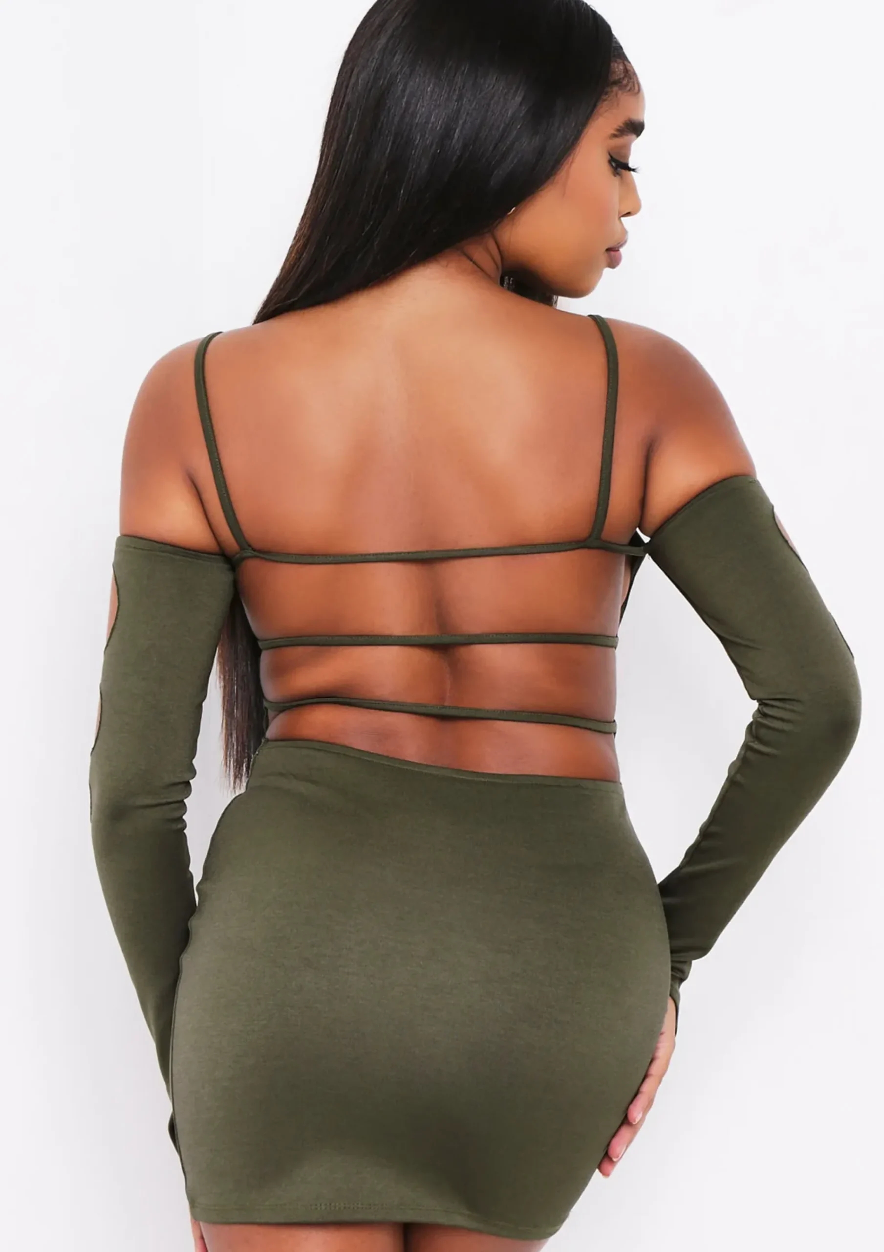 Fashion Lalie Khaki Cut Out Tie Mini Dress Women Dresses