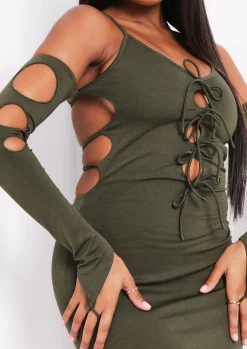Fashion Lalie Khaki Cut Out Tie Mini Dress Women Dresses