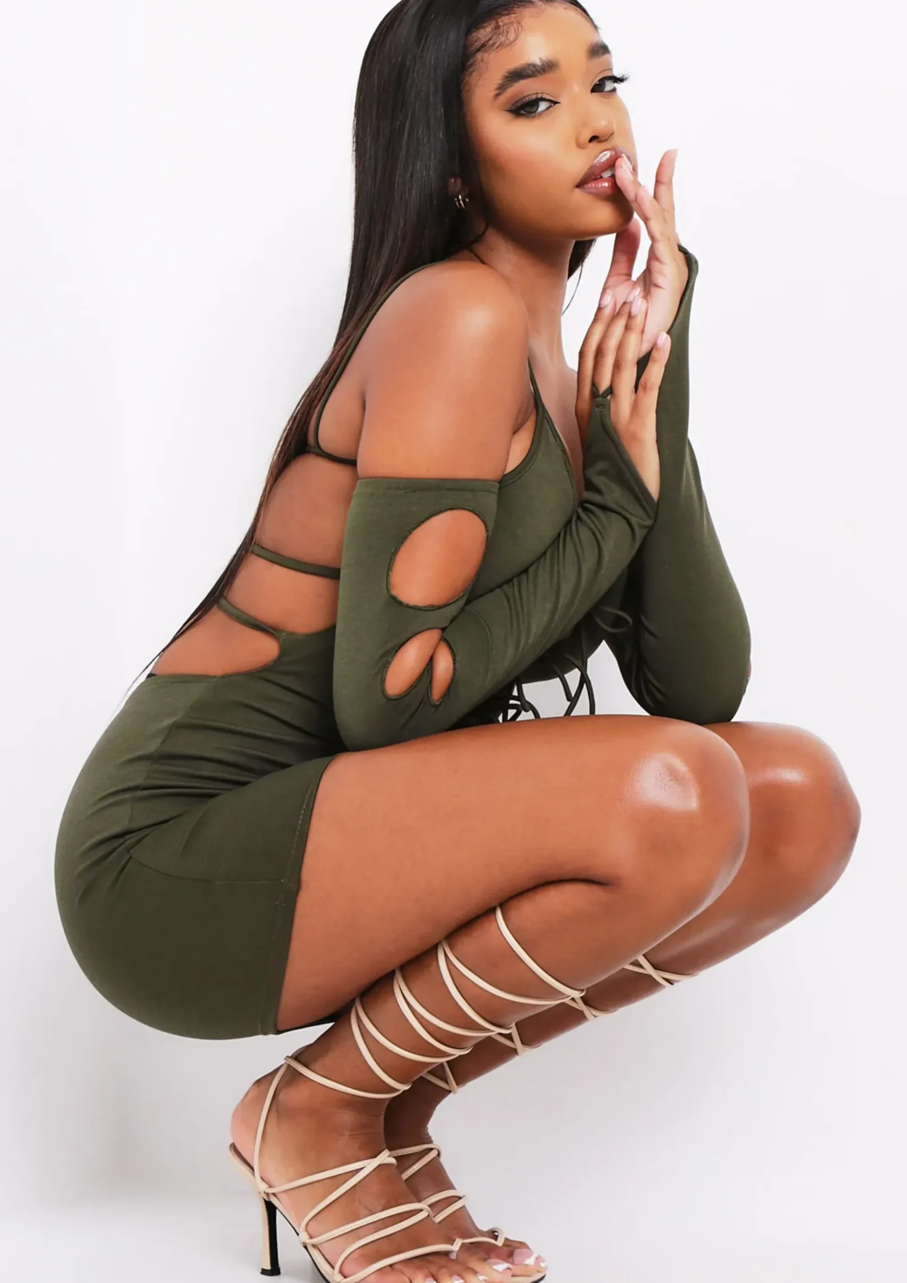 Fashion Lalie Khaki Cut Out Tie Mini Dress Women Dresses