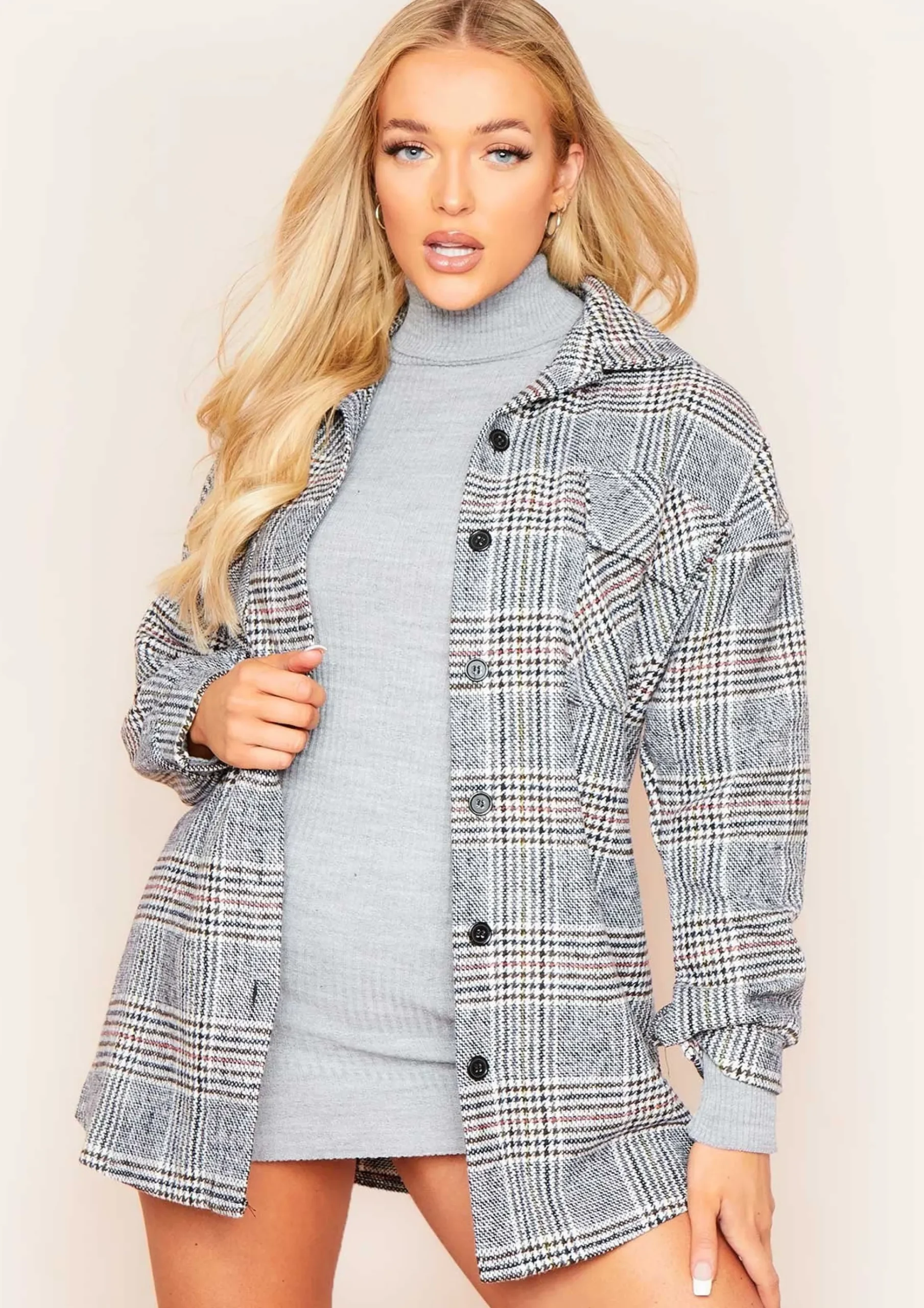 Lara Grey Multi Check Print Oversized Shacket^Missy Empire Best Sale