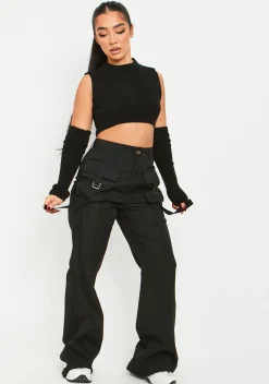 New Laura Black Pocket Detail Straight Leg Cargo Trousers Women Trousers