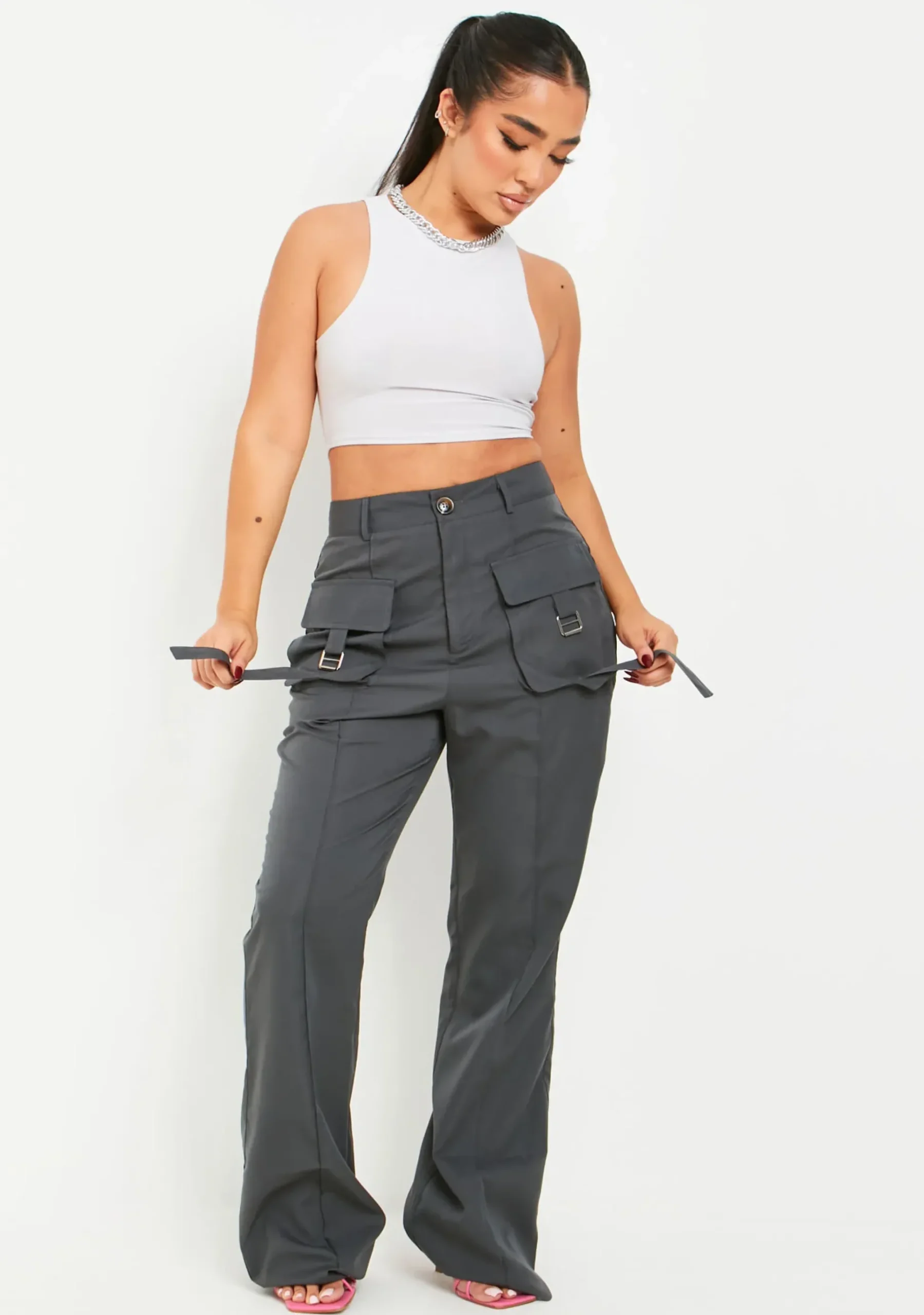 Cheap Laura Charcoal Pocket Detail Straight Leg Cargo Trousers Women Trousers