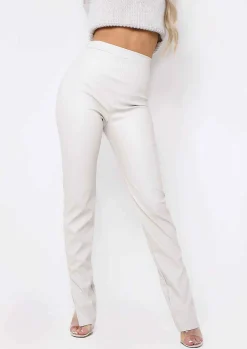 Fashion Laura Cream Croc Split Hem Leather Trousers Women Trousers