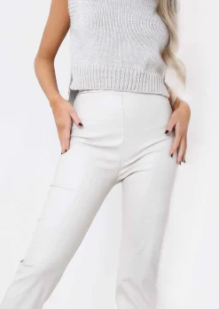 Fashion Laura Cream Croc Split Hem Leather Trousers Women Trousers