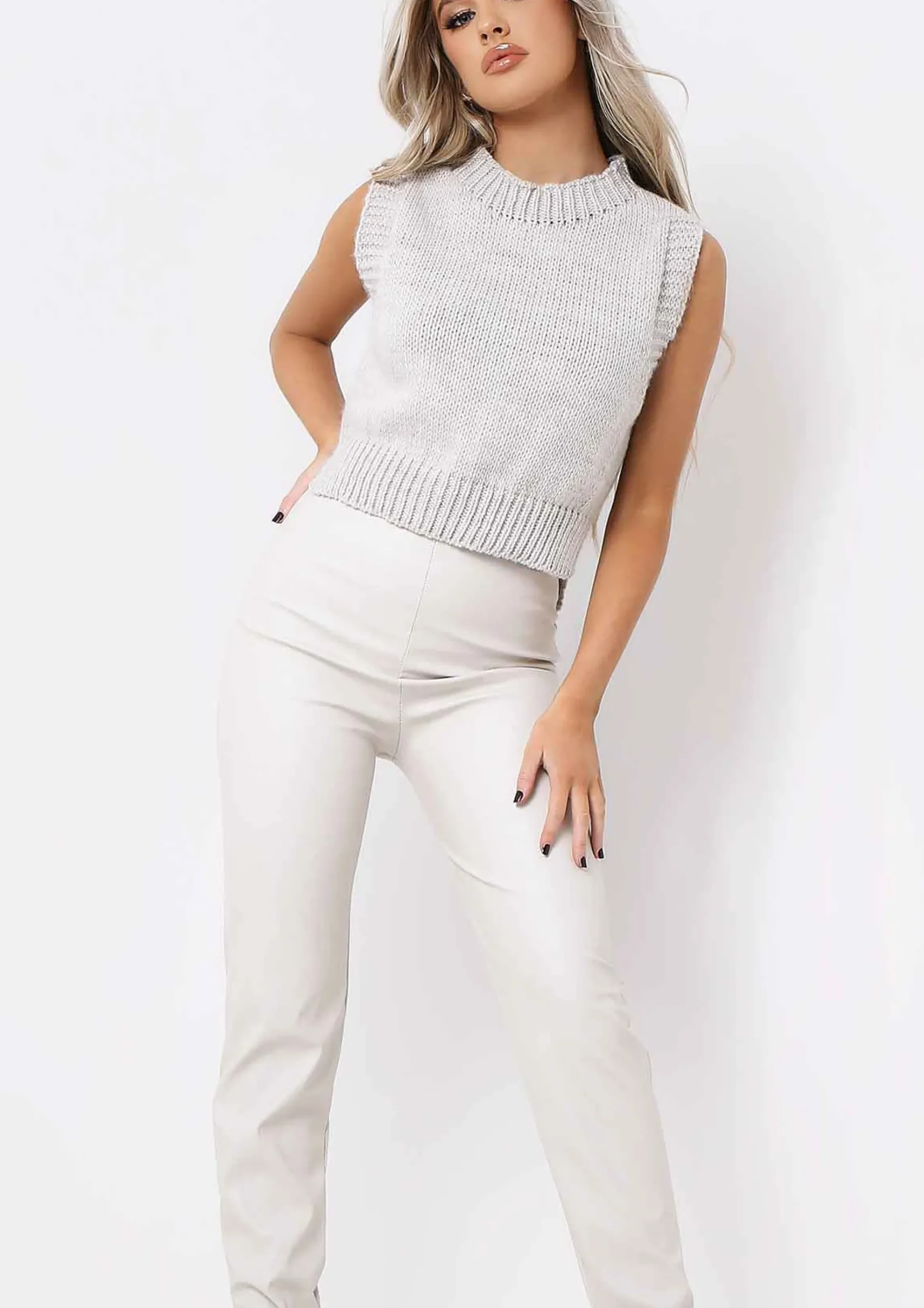 Fashion Laura Cream Croc Split Hem Leather Trousers Women Trousers