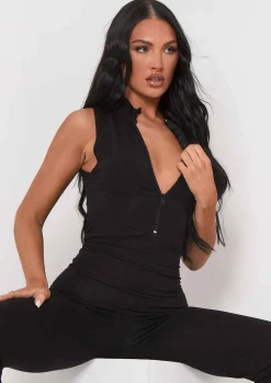 Discount Lauren Black Sleeveless Thick Jersey Zip Up Jumpsuit Women Jumpsuits & Playsuits