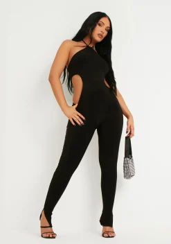 Outlet Laurie Black Halter Double Layer Slinky Cut Out Jumpsuit Women Jumpsuits & Playsuits