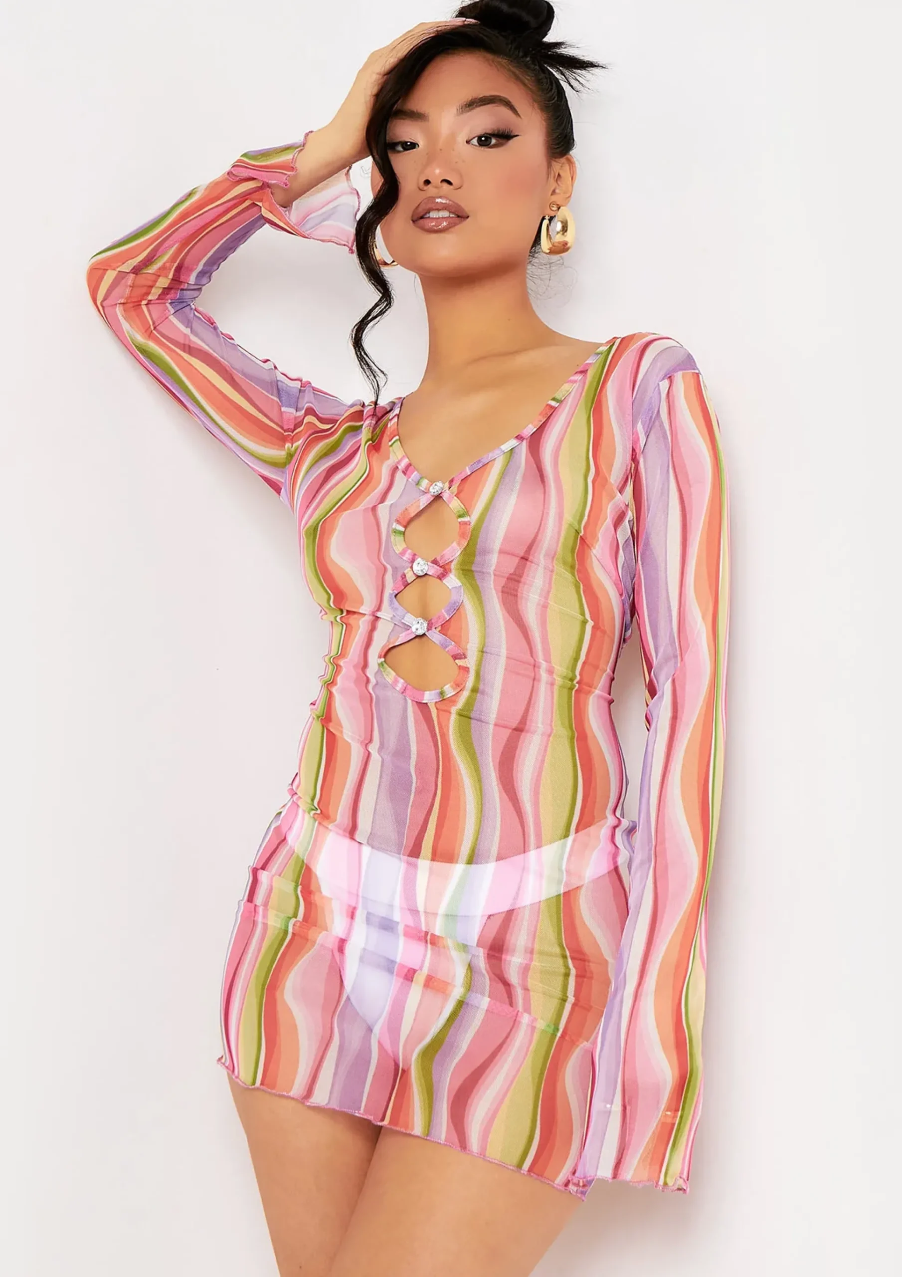 Hot Layla Pink Printed Mesh Cut Out Mini Dress Women Dresses