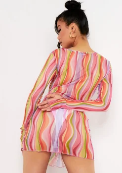 Hot Layla Pink Printed Mesh Cut Out Mini Dress Women Dresses