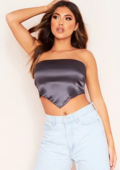 Layla Charcoal Satin Tie Back Crop Top^Missy Empire Fashion