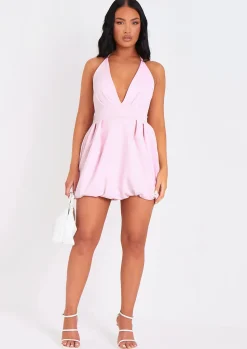 Discount Layla Pink Scuba Puffball Halter Neck Plunge Mini Dress Women Dresses