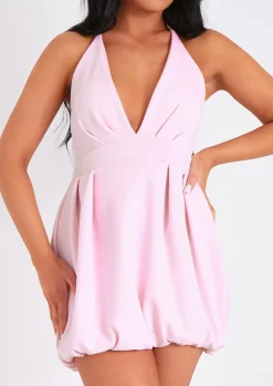 Discount Layla Pink Scuba Puffball Halter Neck Plunge Mini Dress Women Dresses