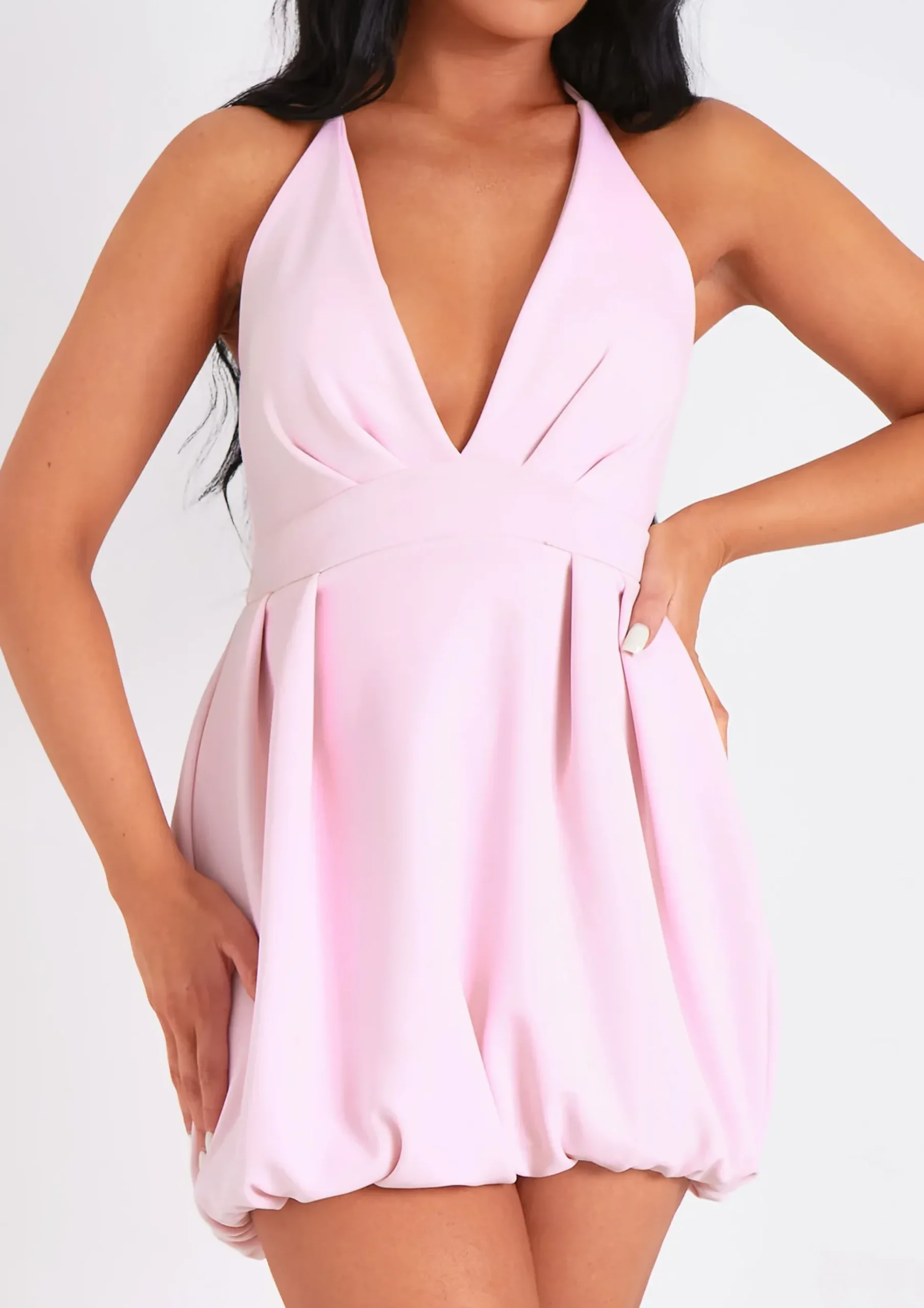 Discount Layla Pink Scuba Puffball Halter Neck Plunge Mini Dress Women Dresses