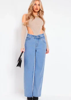 Layna Beige Rib Knitted High Leg Bodysuit With Sleeves^Missy Empire Discount