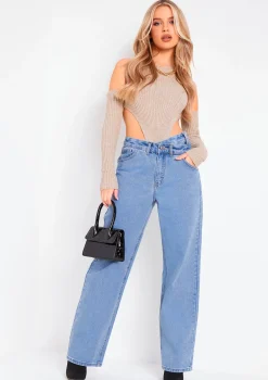 Layna Beige Rib Knitted High Leg Bodysuit With Sleeves^Missy Empire Discount