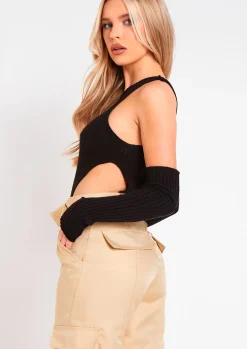 Layna Black Rib Knitted High Leg Bodysuit With Sleeves^Missy Empire Fashion