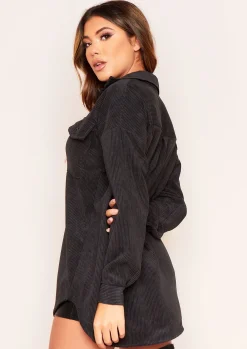 Leah Black Oversized Pocket Front Cord Button Shirt^Missy Empire New