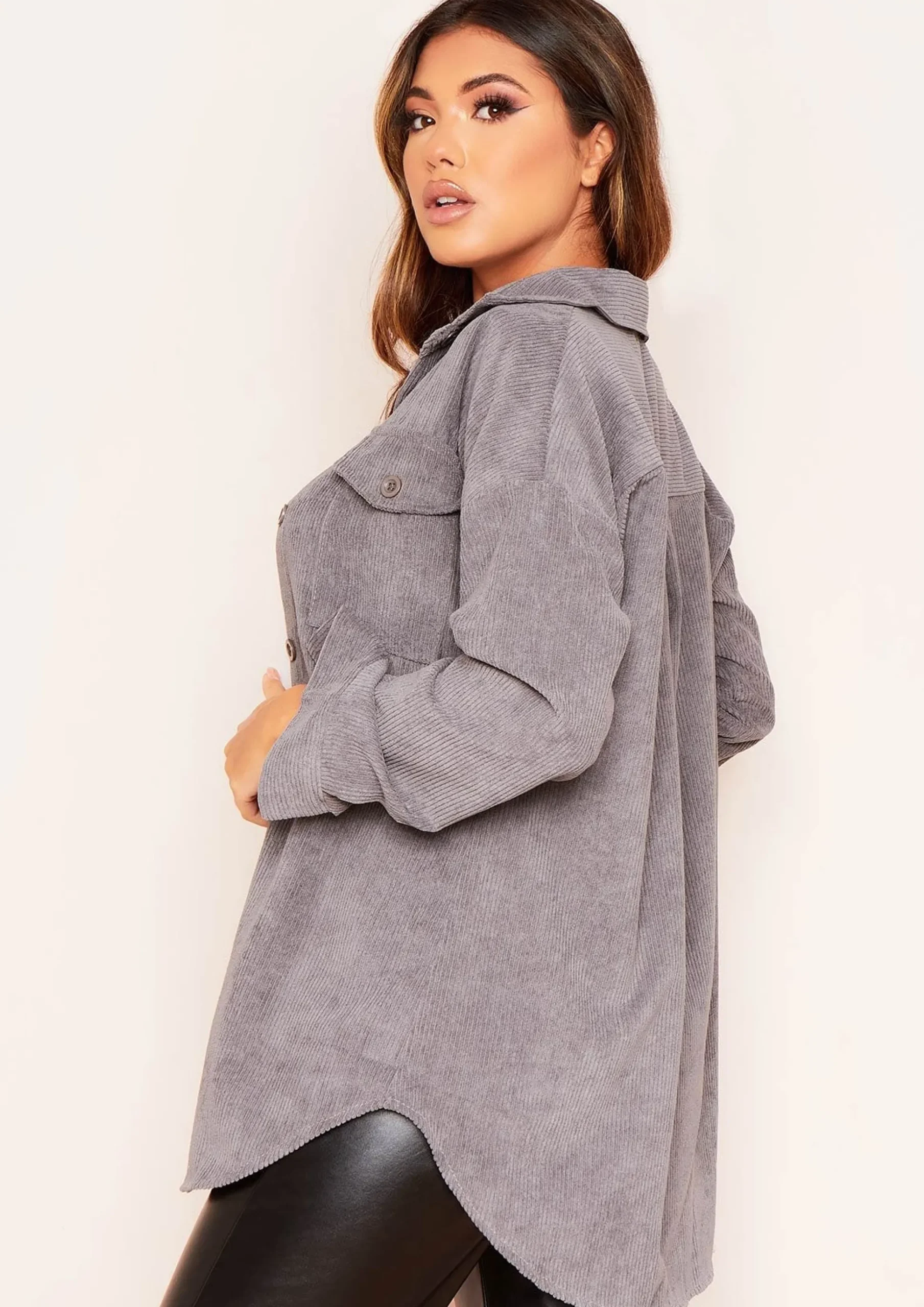 Leah Charcoal Oversized Pocket Front Cord Button Shirt^Missy Empire Hot