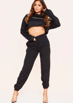 Leandra Black Feelings Slogan Cropped Sweatshirt^Missy Empire Store
