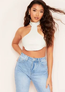 Lean Ivory Pu Halterneck Croc Print Curved Hem Crop Top^Missy Empire Clearance