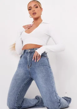 Leona Cream V Neck Collar Ribbed Crop Top^Missy Empire Sale