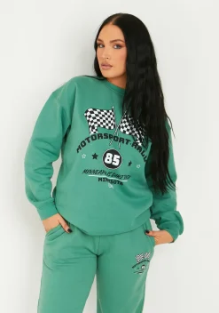 New Leonie Washed Green Motocross Printed Sweatshirt Women Tracksuits