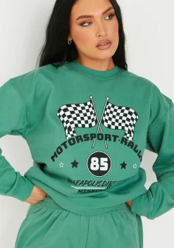 New Leonie Washed Green Motocross Printed Sweatshirt Women Tracksuits