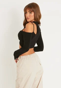 Lexi Black Cut Out Asymmetric Slinky Crop Top^Missy Empire Cheap