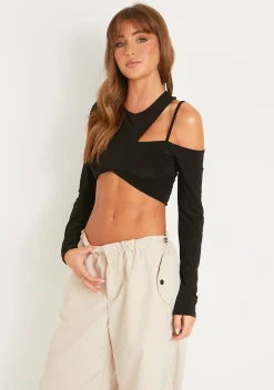 Lexi Black Cut Out Asymmetric Slinky Crop Top^Missy Empire Cheap