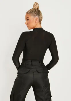 Lexi Black Disco Zip Through Long Sleeve Bodysuit^Missy Empire Best Sale