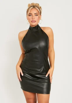 Fashion Libbie Black Pu High Neck Mini Dress Women Dresses