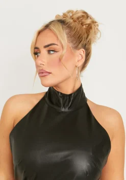 Fashion Libbie Black Pu High Neck Mini Dress Women Dresses