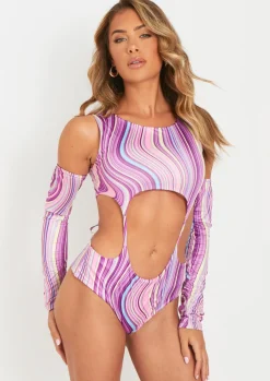Libby Printed Double Layer Slinky Cut Out Bodysuit With Separate Sleeves^Missy Empire New