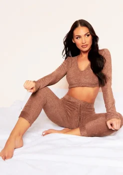 Lila Mocha Soft Towelling Plunge Neck Long Sleeve Crop Top^Missy Empire Online