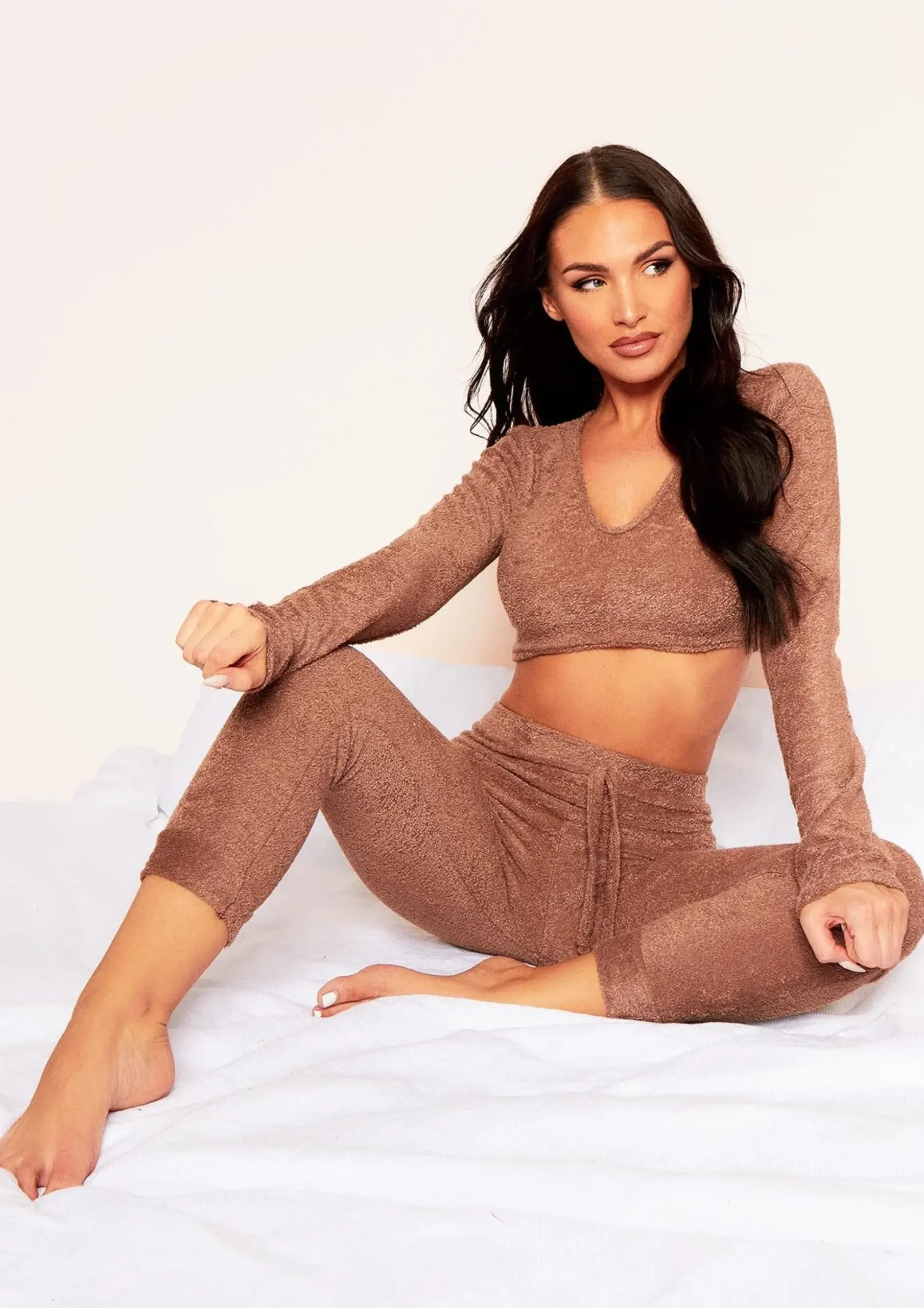 Lila Mocha Soft Towelling Plunge Neck Long Sleeve Crop Top^Missy Empire Online