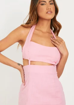 Store Lillie Pink Linen Halter Neck Cut Out Mini Dress Women Dresses