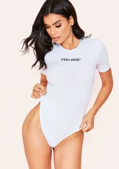 Lilly White Feelings Slogan Ribbed T-Shirt Bodysuit^Missy Empire Cheap