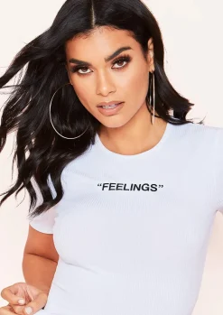 Lilly White Feelings Slogan Ribbed T-Shirt Bodysuit^Missy Empire Cheap