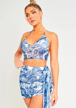 Lily Blue Butterfly Print Halter Neck Mesh Top^Missy Empire Clearance