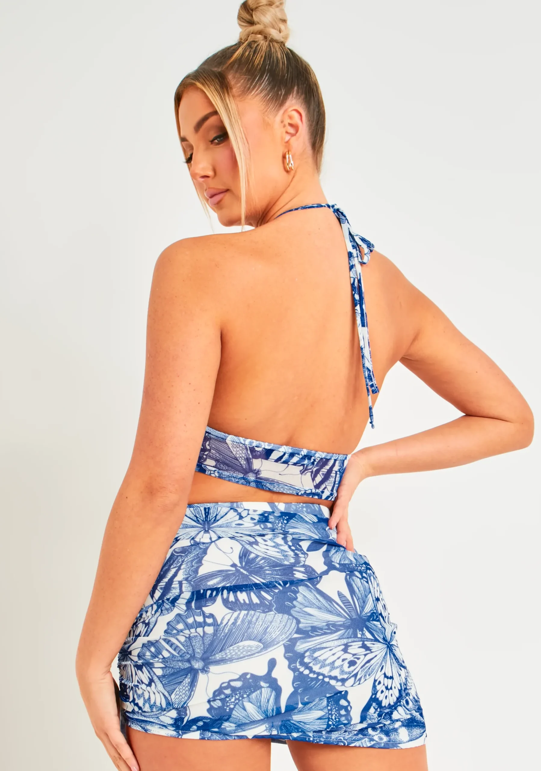 Lily Blue Butterfly Print Halter Neck Mesh Top^Missy Empire Clearance